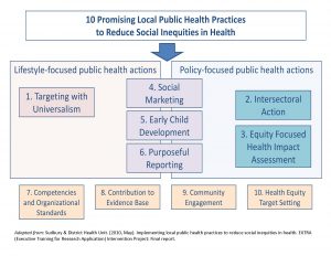 This chart depicts the Ten Promising Local Public Health Practices to Reduce Social Inequities in Health. They can be grouped into three sections: lifestyle-focused, policy-focused, and cross-cutting. The practices are: 1. Targeting with universalism, 2. Intersectoral Action, 3. Equity focused health impact assessment, 4. Social marketing, 5. Early child development, 6. Purposeful reporting, 7. Competencies and organizational standards, 8. Contribution to evidence base, 9. Community engagement, and 10. Health equity target setting.