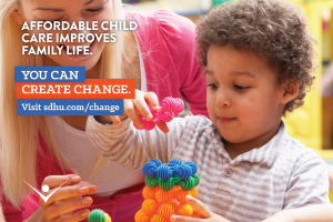 Affordable child care improves family life. Image of a child care worker looking after a young boy. You can create change.