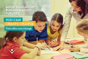 Good education builds healthy futures. Image of young children around a table showing their work to a teacher. You can create change.