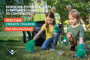 Reducing poverty boosts everyone's chance to contribute. Image of community members volunteering to clean a park. You can create change.