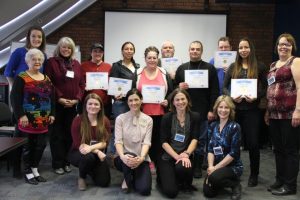 Circles® Leader Training program graduates and program coordinators/supporters: (back row, L-F) Jeannine Larcher-Lalande, Jessica Brule, Councillor Joscelyne Landry-Altmann, Nichole Bérubé, Dawn Faries, Wendy Lavalley, Sean Wilkinson, Hughie Jeanveau, Ryan Lafreniere, Martina Faries, Sherry Price. (front row, L-F) Sarah Lemieux, Sherry-Lynn Mayer, Dana Wilson, Marie Langill.